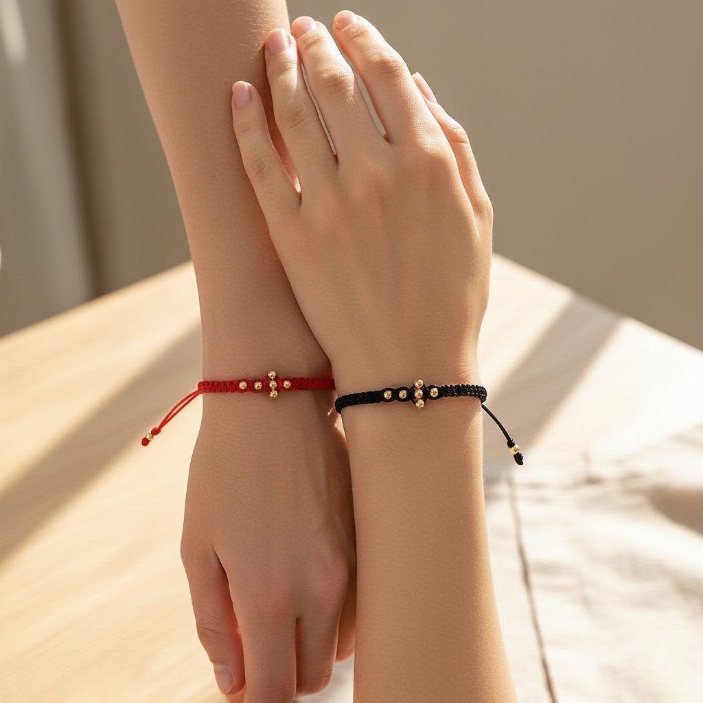 Pulsera en Pareja Cruz con Balines Lisos 4 mm – Oro Laminado 18K